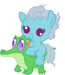 Size: 886x1017 | Tagged: safe, artist:red4567, gummy, screw loose, pony, g4, baby, baby pony, cute, cuteloose, derp, female, pacifier, ponies riding gators, riding