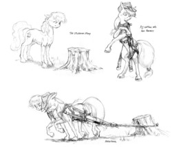 Size: 1100x948 | Tagged: safe, artist:baron engel, applejack, oc, oc:carousel, earth pony, pony, g4, chains, duo, duo female, female, floppy ears, frown, harness, mare, monochrome, pencil drawing, pulling, story included, tack, traditional art, tree stump, unshorn fetlocks