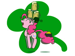 Size: 1280x960 | Tagged: safe, artist:flutterluv, pinkie pie, earth pony, pony, g4, cider, clover, cutie mark, eyes closed, female, happy, hat, hooves, mare, mug, open mouth, pot of gold, pronking, saint patrick's day, solo, tail hold, tankard