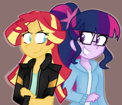 Size: 934x802 | Tagged: safe, artist:rozzertrask, sci-twi, sunset shimmer, twilight sparkle, equestria girls, g4, duo, grin, simple background, smiling