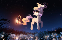 Size: 1300x828 | Tagged: dead source, safe, artist:ruhje, oc, oc only, oc:whisper, pony, beautiful, commission, female, floating, flower, grass field, lantern, mare, night, night sky, smiling, solo, stars