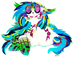 Size: 1024x832 | Tagged: safe, artist:vanillaswirl6, dj pon-3, vinyl scratch, pony, unicorn, g4, chest fluff, colored eyelashes, colorful, drop the bass, dubstep, female, fluffy, lying, music, music notes, neon, rainbow power, rainbow power-ified, raised eyebrow, sassy, simple background, solo, transparent background