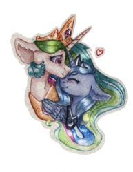 Size: 1295x1679 | Tagged: safe, artist:rinioshi, princess celestia, princess luna, alicorn, pony, g4, blushing, crown, duo, eyes closed, female, floppy ears, heart, hug, jewelry, mare, necklace, regalia, royal sisters, sibling love, siblings, simple background, sisterly love, sisters, traditional art, transparent background