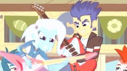 Size: 1280x720 | Tagged: safe, artist:residentmaria, crimson napalm, flash sentry, thunderbass, trixie, equestria girls, g4, my little pony equestria girls: rainbow rocks, american football, clothes, electric guitar, female, flying v, football, guitar, jacket, male, musical instrument, sentrixie, shipping, straight