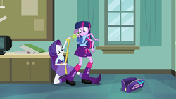 Size: 1920x1080 | Tagged: safe, screencap, rarity, spike, twilight sparkle, dog, equestria girls, g4, my little pony equestria girls, backpack, bag, book, boots, bowtie, bracelet, classroom, clothes, computer, high heel boots, jewelry, leg warmers, measuring tape, shoes, skirt, spike the dog, window