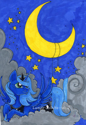 Size: 2062x2991 | Tagged: safe, artist:lunar-white-wolf, princess luna, alicorn, pony, g4, cloud, crescent moon, crown, female, high res, jewelry, moon, regalia, s1 luna, smiling, solo, spread wings, stars, traditional art