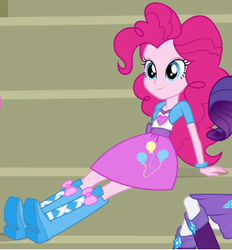 Size: 311x335 | Tagged: safe, screencap, pinkie pie, rarity, equestria girls, g4, my little pony equestria girls, balloon, bleachers, boots, bracelet, clothes, cute, high heel boots, jewelry, sitting, skirt