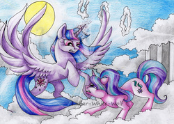 Size: 3338x2373 | Tagged: safe, artist:lunar-white-wolf, starlight glimmer, twilight sparkle, alicorn, pony, g4, the cutie re-mark, cloud, confrontation, duo, flight camp, high res, looking at each other, looking down, looking up, rearing, sun, traditional art, twilight sparkle (alicorn)