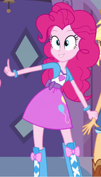 Size: 366x642 | Tagged: safe, screencap, applejack, pinkie pie, equestria girls, g4, my little pony equestria girls, balloon, bell, boots, bracelet, carousel boutique, clothes, cowboy boots, door, freckles, high heel boots, holding hands, jewelry, skirt