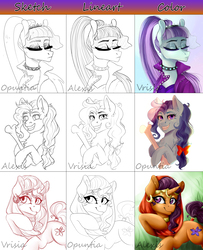 Size: 3543x4370 | Tagged: safe, artist:0puntia, artist:alexispaint, artist:crystalfilth, coloratura, petunia paleo, saffron masala, earth pony, pony, unicorn, g4, bone, chest fluff, collaboration, colored, ear fluff, eyes closed, high res, lidded eyes, lineart, looking at you, sketch, smiling, tail wrap, veil