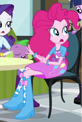 Size: 343x514 | Tagged: safe, screencap, pinkie pie, rarity, spike, twilight sparkle, dog, equestria girls, g4, my little pony equestria girls, balloon, boots, bracelet, chair, high heel boots, jewelry, open mouth, spike the dog