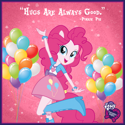 Size: 800x800 | Tagged: safe, pinkie pie, equestria girls, g4, balloon, boots, bracelet, clothes, cute, diapinkes, equestria girls logo, female, high heel boots, jewelry, logo, looking at you, my little pony logo, open mouth, pony ears, ponytail, raised leg, skirt, smiling, solo, sparkles