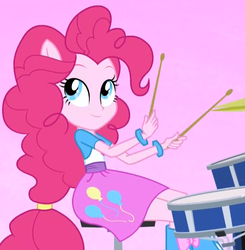 Size: 670x685 | Tagged: safe, screencap, pinkie pie, equestria girls, g4, my little pony equestria girls: rainbow rocks, balloon, better than ever, boots, bracelet, clothes, cropped, cute, cutie mark, cutie mark on clothes, cymbals, diapinkes, drum kit, drums, drumsticks, female, gradient background, high heel boots, jewelry, musical instrument, ponied up, pony ears, ponytail, skirt, solo
