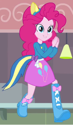 Size: 424x725 | Tagged: safe, screencap, pinkie pie, equestria girls, g4, my little pony equestria girls, balloon, boots, clothes, female, hands together, helping twilight win the crown, high heel boots, jumping, raised leg, skirt, solo, wondercolts uniform
