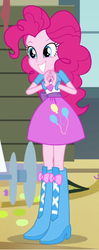 Size: 248x628 | Tagged: safe, screencap, pinkie pie, equestria girls, g4, my little pony equestria girls, balloon, boots, bracelet, clothes, cute, female, high heel boots, jewelry, skirt, smiling, solo