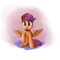 Size: 1500x1500 | Tagged: safe, artist:vanillaghosties, scootaloo, pony, g4, cute, cutealoo, female, looking at you, open mouth, raised hoof, sitting, smiling, solo