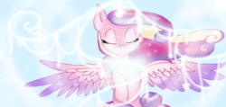 Size: 1006x477 | Tagged: safe, artist:161141, princess cadance, alicorn, pony, g4, abstract background, colored wings, crystal heart, eyes closed, female, flowing mane, gradient wings, magic, mare, smiling, solo, spread wings