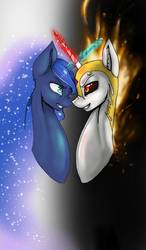 Size: 750x1280 | Tagged: safe, artist:161141, nightmare star, princess celestia, princess luna, alicorn, pony, g4, angry, bust, confrontation, crossed horns, duo, eye contact, female, fire, glowing horn, grin, gritted teeth, horn, horns are touching, looking at each other, magic, mare, portrait, profile, scrunchy face, sisters, smiling, yin-yang