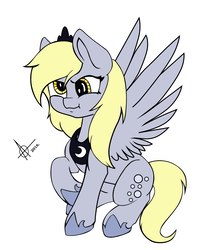 Size: 1745x2160 | Tagged: safe, artist:vanchees, derpy hooves, pegasus, pony, g4, accessory theft, female, jewelry, regalia, scrunchy face, simple background, solo, tabitha st. germain, voice actor joke, white background