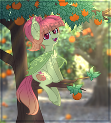 Size: 1500x1651 | Tagged: safe, artist:trickate, oc, oc only, bat pony, pony, fangs, female, food, fruit, mare, open mouth, orange, orchard, tree, tree branch