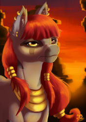 Size: 1024x1451 | Tagged: safe, artist:xaneas, oc, oc only, oc:turtlelibra, fallout equestria, canyon, egyptian, fallout, female, gold, red hair, solo