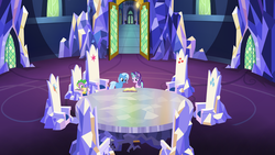 Size: 1600x900 | Tagged: safe, screencap, spike, starlight glimmer, trixie, dragon, pony, unicorn, all bottled up, g4, cutie map, female, friendship throne, mare, the amazing trio of friendship, twilight's castle