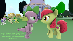 Size: 1920x1080 | Tagged: safe, artist:red4567, apple bloom, pound cake, princess flurry heart, pumpkin cake, spike, dragon, g4, 3d, dialogue, funny background event, green, green hair, pinch, saint patrick's day, source filmmaker