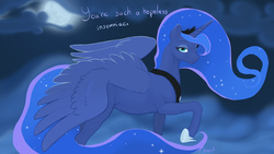 Size: 2560x1440 | Tagged: safe, artist:arareroll, princess luna, alicorn, pony, g4, bedroom eyes, female, looking at you, mare, raised hoof, solo