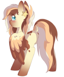 Size: 1186x1435 | Tagged: safe, artist:adostume, oc, oc only, oc:heavenly hazelnut, pegasus, pony, blushing, butt, covering, dock, female, looking at you, looking back, looking back at you, mare, plot, simple background, solo, tail covering, transparent background