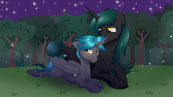 Size: 1024x576 | Tagged: safe, artist:erockertorres, artist:nivimonster, queen chrysalis, oc, oc:tyke, g4, clearing, commission, forest, grass field, night, offspring, parent:queen chrysalis, reformed, scenery, stars