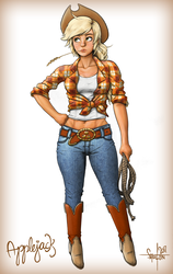 Size: 944x1496 | Tagged: safe, artist:cherrypod, applejack, human, g4, abs, belly button, boots, clothes, female, front knot midriff, humanized, jeans, midriff, pants, rope, solo, straw, tank top