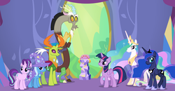 Size: 1600x834 | Tagged: safe, screencap, discord, princess celestia, princess luna, starlight glimmer, thorax, trixie, twilight sparkle, alicorn, changedling, changeling, draconequus, pony, unicorn, celestial advice, g4, group, height difference, king thorax, looking at you, physique difference, reformed four, twilight sparkle (alicorn), twilight's castle