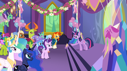 Size: 1600x900 | Tagged: safe, screencap, berry punch, berryshine, bittersweet (g4), goldengrape, leadwing, linky, meadow song, shoeshine, sir colton vines iii, starlight glimmer, sunburst, thorax, trixie, twilight sparkle, alicorn, changedling, changeling, pony, celestial advice, g4, king thorax, twilight sparkle (alicorn), twilight's castle