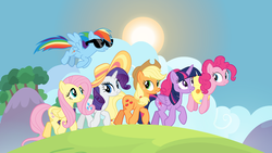 Size: 1600x900 | Tagged: safe, screencap, applejack, fluttershy, pinkie pie, rainbow dash, rarity, twilight sparkle, alicorn, pony, all bottled up, g4, best friends until the end of time, female, hat, mane six, pronking, sunglasses, twilight sparkle (alicorn)