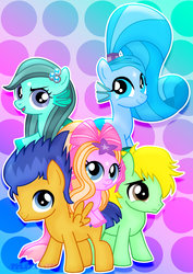 Size: 1600x2263 | Tagged: safe, artist:jucamovi1992, flash sentry, oc, oc:aglaope, oc:piscis, oc:radne, oc:speed wave, mermaid, g4, colt, cute, female, filly, group, looking at you, male, ocbetes, open mouth, shy, smiling