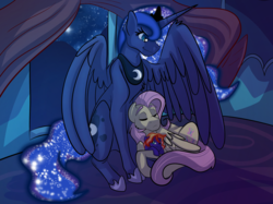 Size: 2732x2048 | Tagged: safe, artist:percy-mcmurphy, fluttershy, princess luna, oc, oc:dream catcher, alicorn, pony, g4, colt, cuddling, eyebrows, female, high res, lesbian, magical lesbian spawn, male, mother and son, next generation, night, offspring, parent:fluttershy, parent:princess luna, parents:lunashy, ship:lunashy, shipping, sitting, size difference, sleeping, smiling, trio