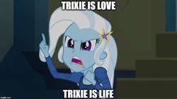 Size: 896x500 | Tagged: safe, edit, edited screencap, screencap, trixie, equestria girls, g4, my little pony equestria girls: rainbow rocks, caption, female, frown, image macro, meme, open mouth, shrek is love shrek is life, solo, trixie yells at everything