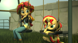 Size: 1920x1080 | Tagged: safe, artist:jarg1994, sunset shimmer, human, pony, unicorn, equestria girls, g4, 3d, clothes, female, human ponidox, jacket, leather jacket, pants, self ponidox, sitting, struggling, swing