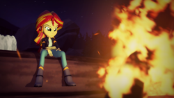 Size: 1920x1080 | Tagged: safe, artist:razethebeast, sunset shimmer, equestria girls, g4, 3d, boots, campfire, clothes, female, high heel boots, jacket, leather jacket, serious, serious face, sitting, solo, source filmmaker, waterfall