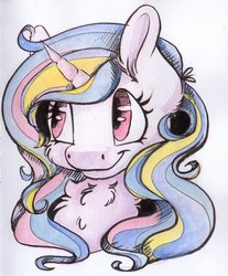 Size: 1707x2059 | Tagged: safe, artist:cutepencilcase, princess celestia, alicorn, pony, g4, chest fluff, cute, cutelestia, female, mare, simple background, smiling, solo, traditional art, watercolor painting, white background