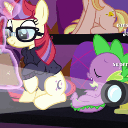 Size: 507x508 | Tagged: safe, screencap, honey lemon, moondancer, spike, dragon, pony, unicorn, g4, the cutie re-mark, animated, blinking, clothes, cute, dancerbetes, eye contact, eyes closed, female, gif, glasses, happy, lidded eyes, looking at each other, magic, mare, nudging, open mouth, raised hoof, sleeping, sleeping on the job, smiling, snoring, spikabetes, spikelove, surprised, sweater, telekinesis