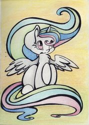 Size: 1991x2792 | Tagged: safe, artist:cutepencilcase, princess celestia, alicorn, pony, g4, female, simple background, solo, spread wings, traditional art