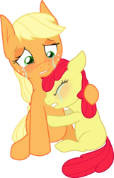 Size: 2500x3883 | Tagged: safe, artist:theshadowstone, apple bloom, applejack, earth pony, pony, g4, crying, crying on the outside, duo, duo female, eyes closed, female, filly, floppy ears, hatless, high res, mare, missing accessory, simple background, sisters, sitting, transparent background