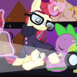 Size: 506x508 | Tagged: safe, screencap, moondancer, spike, dragon, pony, unicorn, g4, the cutie re-mark, animated, clothes, cute, dancerbetes, eyes closed, female, gif, happy, lidded eyes, magic, male, mare, open mouth, petting, raised hoof, sleeping, smiling, snoring, spikabetes, spikelove, sweater, telekinesis
