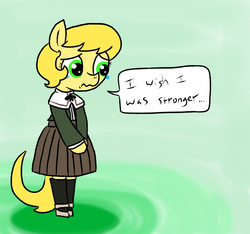 Size: 640x600 | Tagged: safe, artist:ficficponyfic, oc, oc only, oc:golden brisk, earth pony, pony, semi-anthro, bipedal, chihiro fujisaki, clothes, crossdressing, crying, danganronpa, frown, gradient background, male, sad, skirt, socks, stallion, standing, wavy mouth