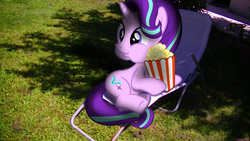 Size: 3840x2160 | Tagged: safe, artist:bastbrushie, artist:masem, starlight glimmer, g4, beach chair, chair, cute, dis gon b gud, eating, food, high res, irl, lawn, photo, ponies in real life, popcorn, shadow, sitting, solo, vector