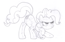 Size: 1294x840 | Tagged: safe, artist:aafh, pinkie pie, g4, crouching, female, monochrome, solo, traditional art