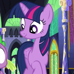 Size: 506x508 | Tagged: safe, screencap, spike, twilight sparkle, alicorn, dragon, pony, g4, the cutie re-mark, :s, animated, d:, female, folded wings, gif, gritted teeth, male, mare, open mouth, raised hoof, solo focus, surprised, twilight sparkle (alicorn), wavy mouth, worried