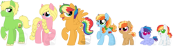 Size: 1500x404 | Tagged: safe, artist:tambelon, oc, oc only, oc:apple butter, oc:applesauce, oc:flying colors, oc:hard cider, oc:moonbow, oc:pink lady, oc:zap apple, earth pony, pegasus, pony, baby, baby pony, colt, female, filly, magical lesbian spawn, male, mare, next generation, offspring, parent:applejack, parent:rainbow dash, parents:appledash, siblings, simple background, stallion, transparent background, watermark
