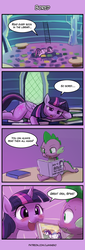 Size: 500x1475 | Tagged: safe, artist:lumineko, rarity, spike, twilight sparkle, alicorn, dragon, pony, g4, 4koma, blushing, book, bored, butt, comic, cute, dialogue, female, looking at each other, magazine, male, plot, ship:sparity, shipping, silly, silly pony, speech bubble, straight, sweat, that pony sure does love books, twiabetes, twilight sparkle (alicorn)